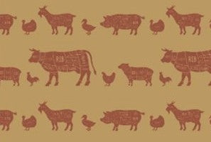 Animal print duplex butchers sheets with grease-resistant backing, used for wrapping fresh meat and food at a butcher or deli counter.