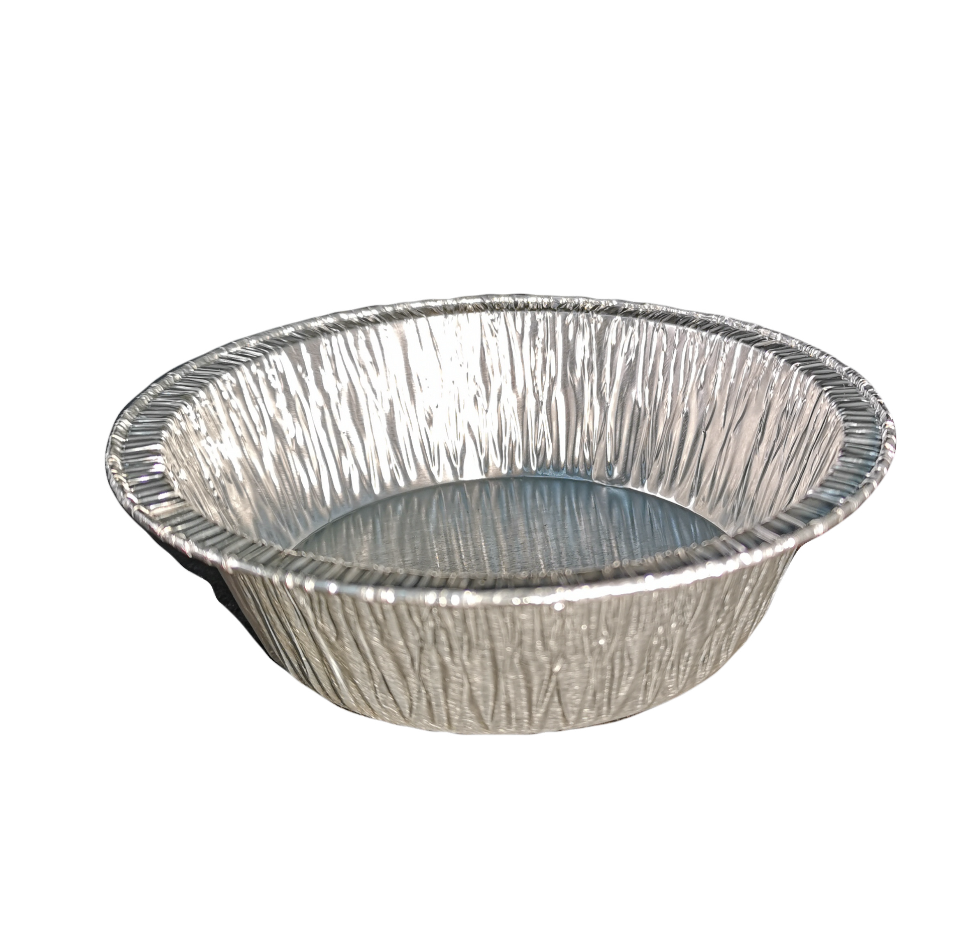 Aluminum foil pie plate on a white background