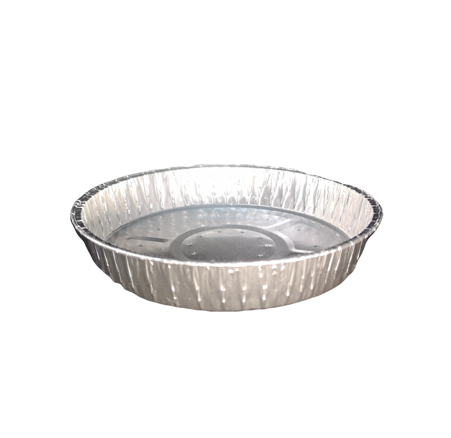 Aluminum foil pie plate on a white background