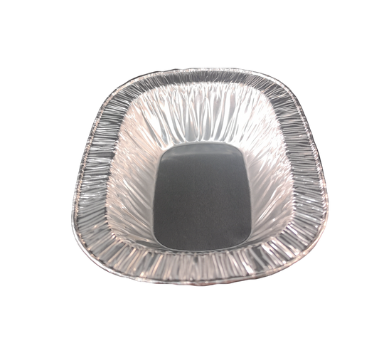 “Oval aluminium pie foil 185, ideal for pork pies, quiches, tarts, and oval pastries”