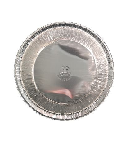 Aluminum pie pan with a visible brand logo on a white background