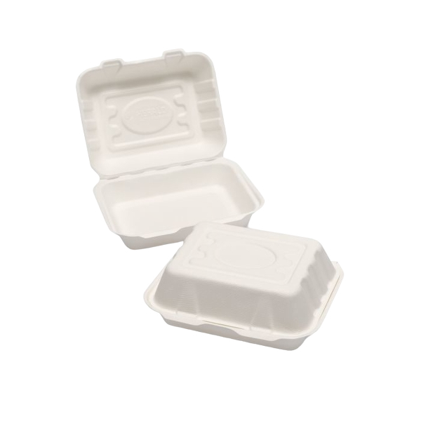 Two white compostable food containers on a white background