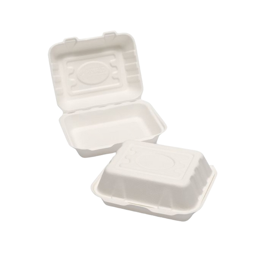 Two white compostable food containers on a white background