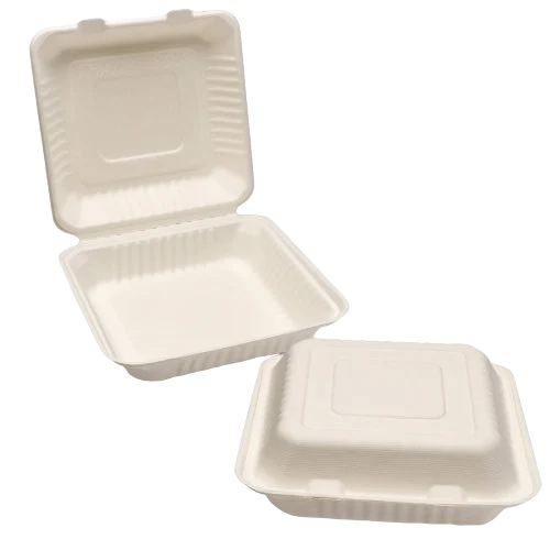 Two beige compostable food containers on a white background