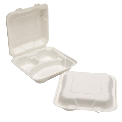 Two white biodegradable food containers on a white background