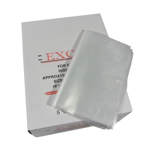 “8 x 10 clear poly bags, 100-gauge thickness, durable and puncture-resistant for food, merchandise, or craft packaging”