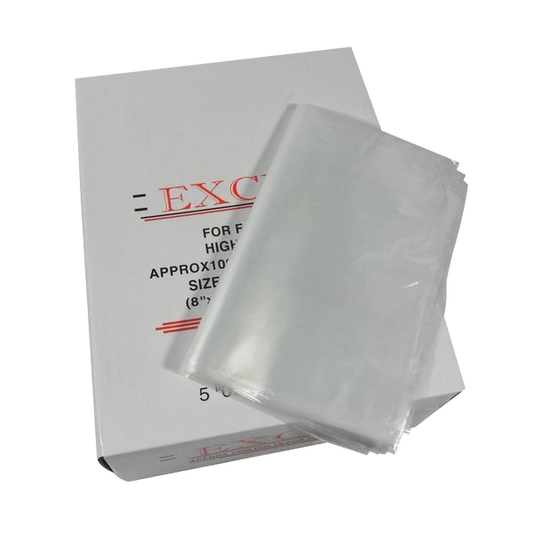 “8 x 10 clear poly bags, 100-gauge thickness, durable and puncture-resistant for food, merchandise, or craft packaging”