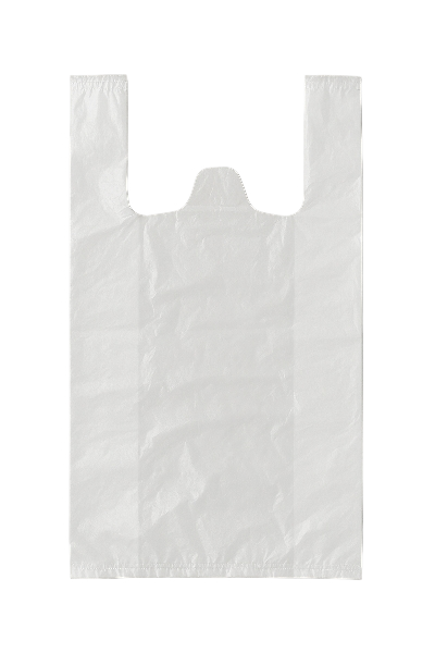“Strong white vest carrier bag, durable plastic with handles, ideal for groceries, takeaways, and retail use”
