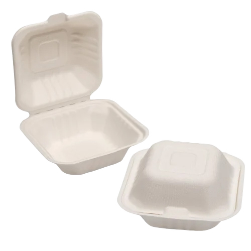 Two biodegradable food containers on a white background bagasse boxes, burger box, takeaway packaging, eco-friendly packaging, compostable box, sustainable food packaging, 6x6 box