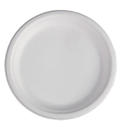 7 inch bagasse plate made from natural sugarcane fibre, eco-friendly compostable disposable plate for desserts, snacks and catering use.