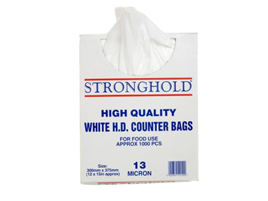 Packaging of Stronghold high-quality white H.D. counter bags on a white background