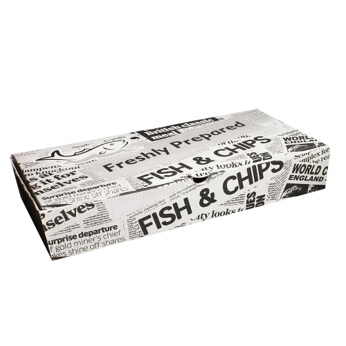 Box of freshly prepared fish and chips with newspaper-style text design on a white background