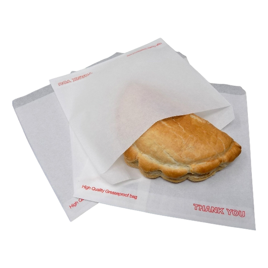 “Greaseproof paper bags in 7x7, 8.5x8.5, and 10x10 inches, grease-resistant and disposable for sandwiches, pastries, and takeaway foods”