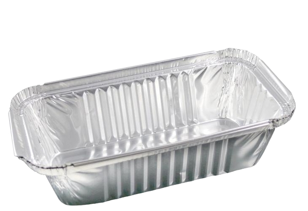 Rectangular aluminum food container on a white background