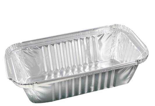 Rectangular aluminum food container on a white background