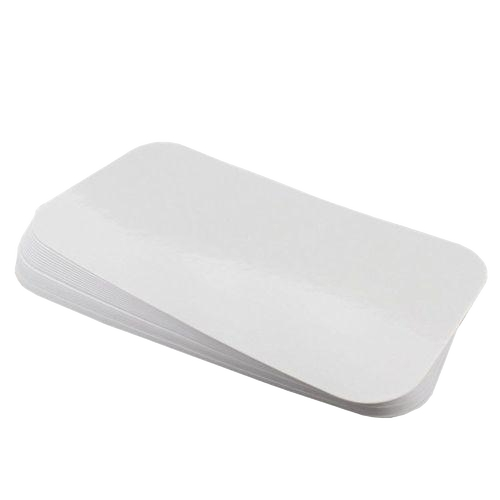 Stack of white rectangular cards on a white background