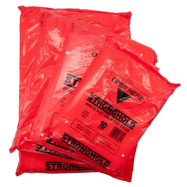 “Heavy duty pouched counter bag, strong and durable, ideal for groceries, bakery items, and takeaway food”